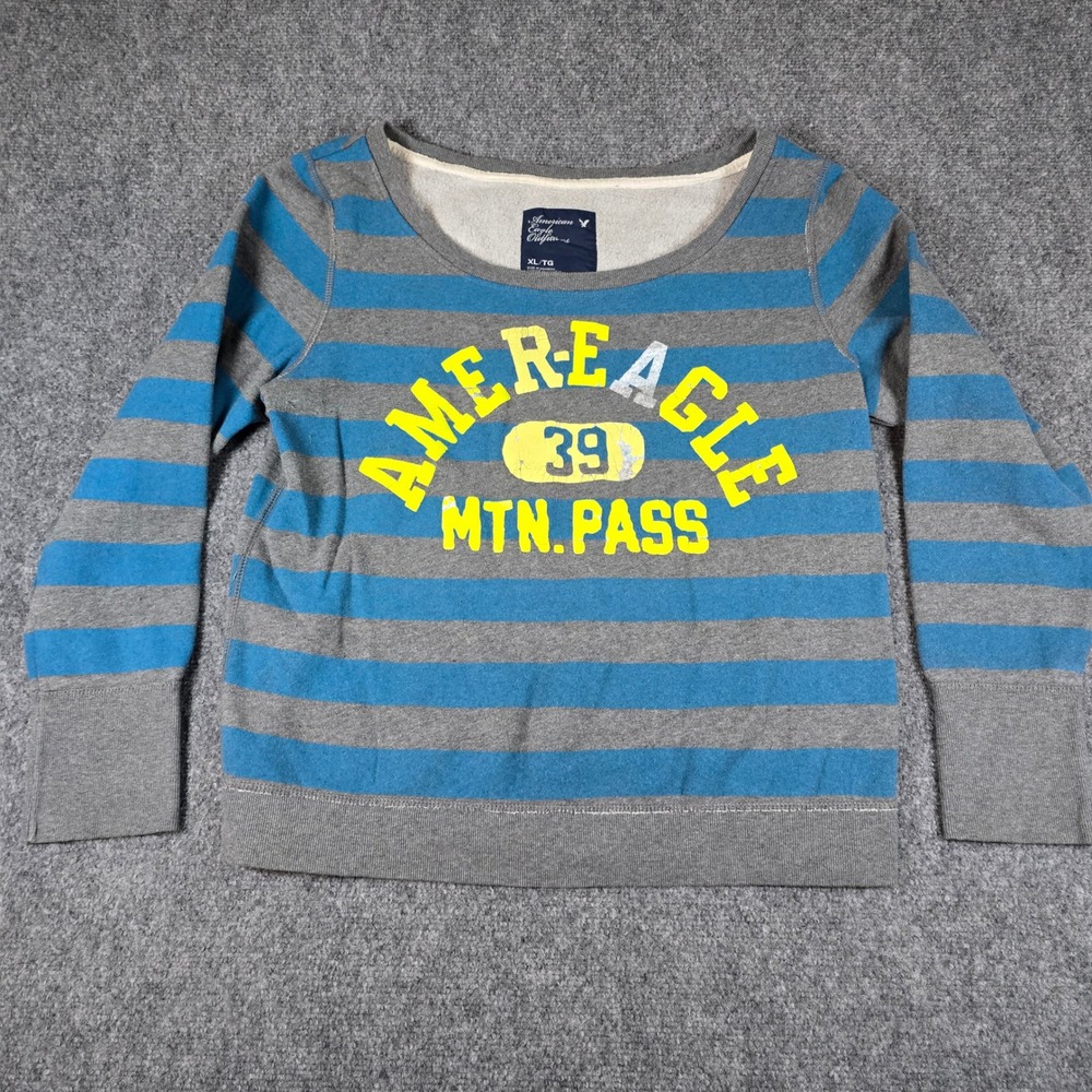 American Eagle Outfitters Striped Sweatshirt Blue Gray Yellow Logo‎ XL TG - Picture 2 of 12